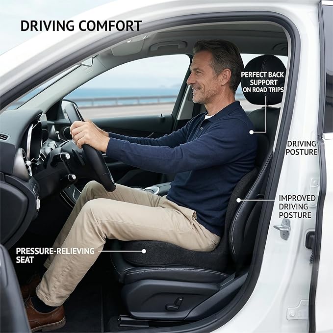 Orthopedic Memory Foam Car Seat Cushion for Sciatica & Back Pain Relief - Ergonomic Non-Slip Office Chair Cushion & Car Cushions for Long Driving with Lumbar Support, Universal Fit (Grey)