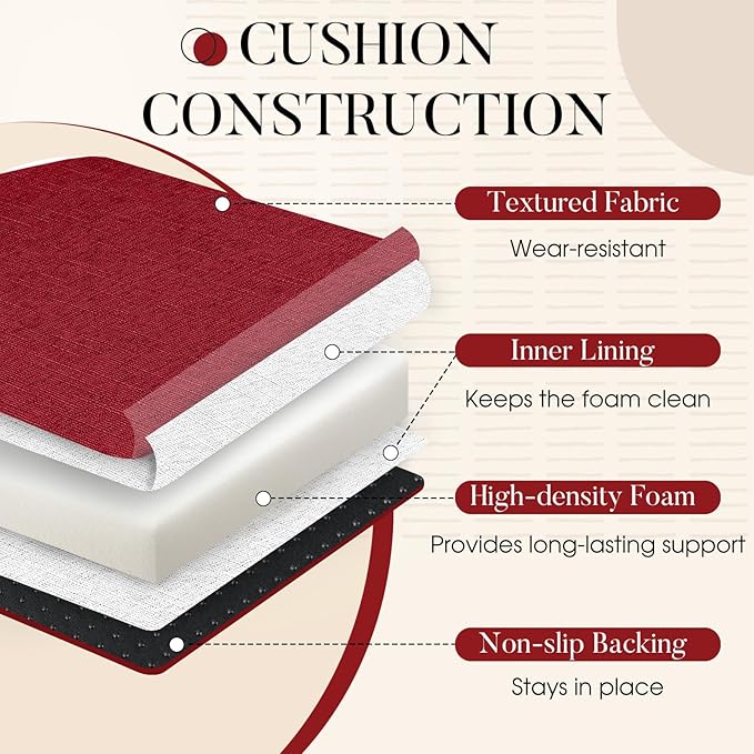 Basic Beyond Chair Cushions for Dining Chairs with Ties and Removable Cover, 2" Thick Seat Cushions for Kitchen Chairs, Set of 6, 17" x 16", Red