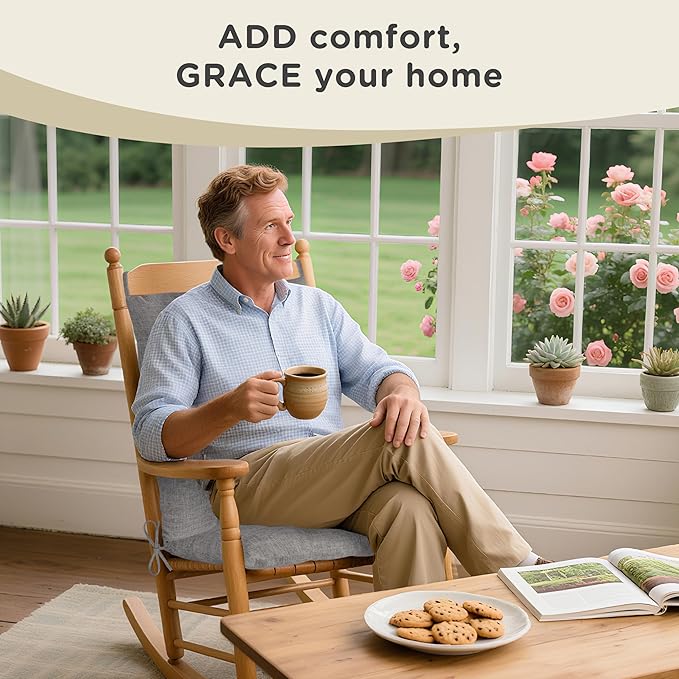 AddGrace Rocking Chair Cushions Indoor Tufted Cushions for Rocking Chairs with Ties Comfortable Textured Fabric Set of Seat & Back Cushion 21x17/17x17 Light Grey