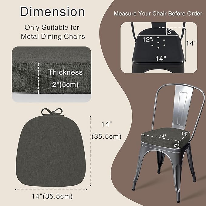OVOV 14x14 Chair Cushions for Metal Dining Chairs Set of 4 Non Slip Thick Textured Chair Pads for Dining Chairs with Ties and Removable Cover (4, Dark Grey)