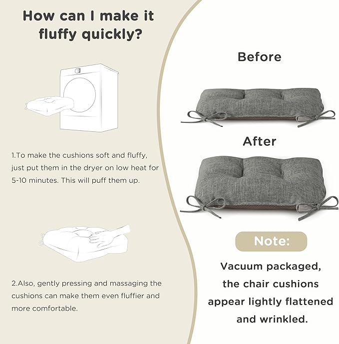 AddGrace Chair Cushions for Dining Chairs Set of 2 Kitchen Seat Cushions with Ties and Non Slip Backing Tufted Indoor Seat Pad for Kitchen Dining Room 18" x 17" x 3" Light Grey
