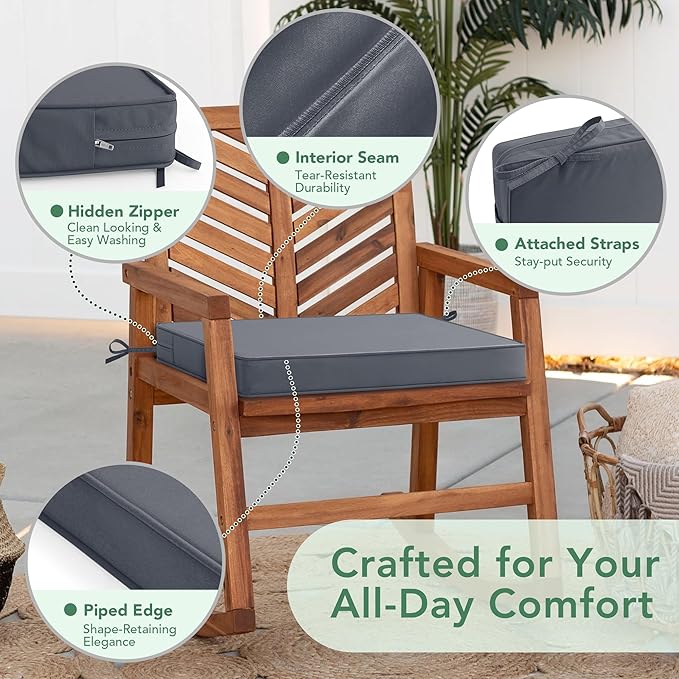 Outdoor Chair Cushions Set of 6: Waterproof & Fade Resistant Seat Cushion for Patio Furniture - 18.5 x 16 x 2 Inch Chair Pads with Ties and Hidden Zipper - Patio Chair Cushion Replacement, Dark Grey