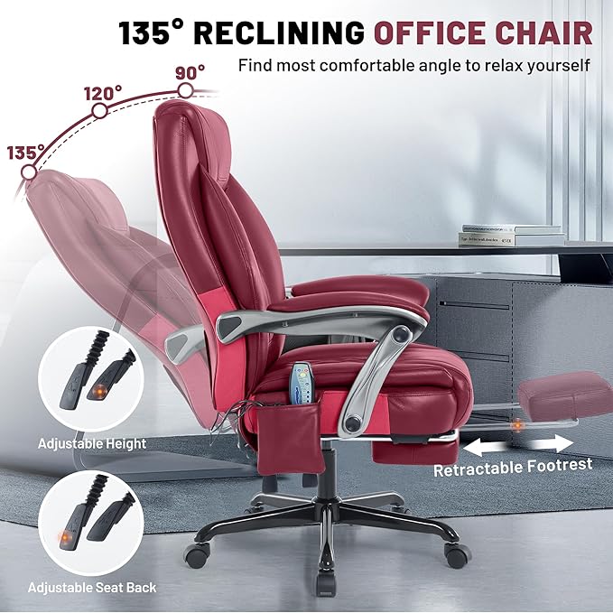 Massage Office Chair with Heat & Foot Rest, 6 Points Vibration, Ergonomic Executive Reclining Desk Chair, PU Leather Padded Seat for Home Office Comfort