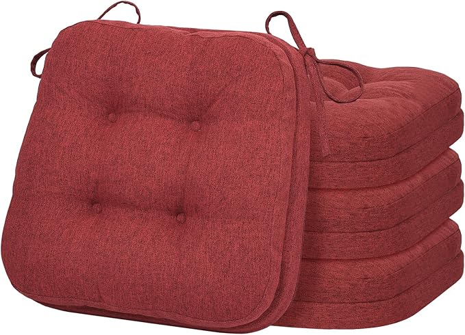 baibu Set of 4 Dining Chair Cushions, Dual-Layer Patent Design Memory Foam Kitchen Chair Cushions, Non-Slip Seat Pads with Ties, 16.5 x 16.5 x 3.5in, 4 Pack, Red