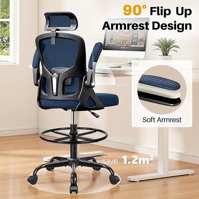 Drafting Chair, Tall Office Chair for Standing Desk, Ergonomic High Back with Headrest, Lumbar Support, Foot Ring and Flip-up Armrests, Navy Blue