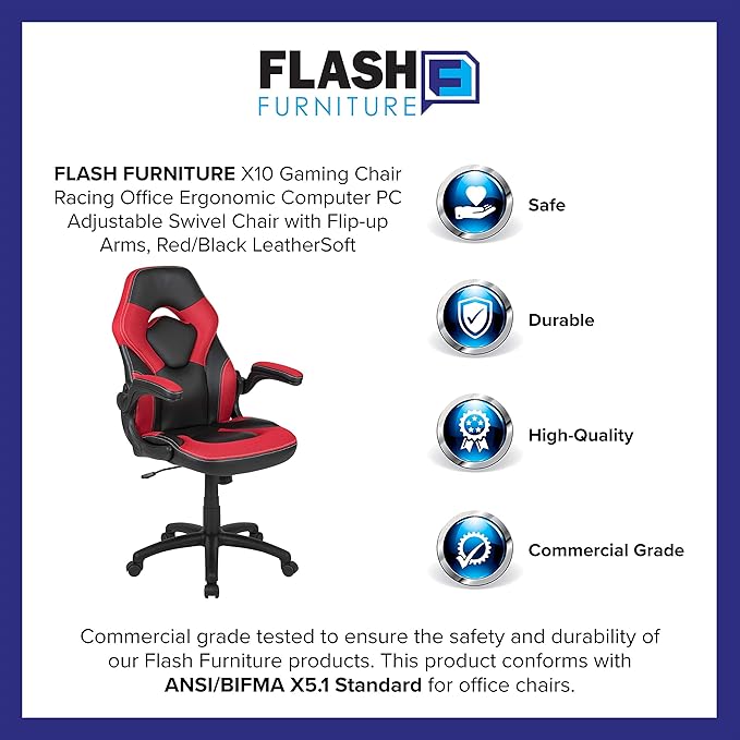 Flash Furniture X10 High-Back LeatherSoft Racing Style Gaming Chair with Flip-Up Arms, Ergonomic Padded Swivel Computer Chair, Red/Black