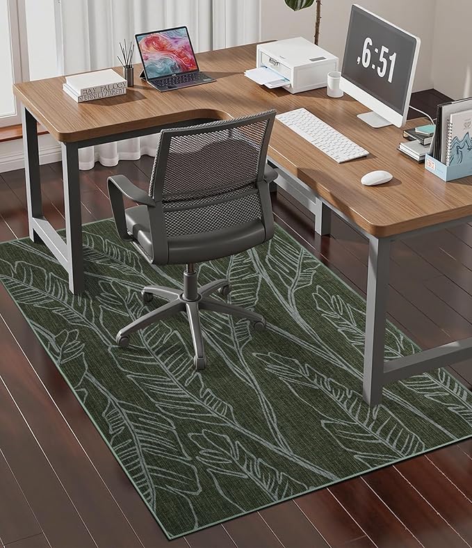 chakme Office Chair Mat for Hardwood Floor, 48"x36" Easy Glide Computer Desk Mat Protector for Rolling Chair Under Desk Rug Nonslip Backing, Machine Wash, (Dark Green Leaf)