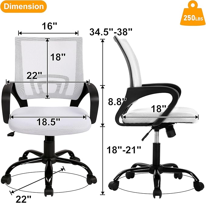 Computer Desk Chair,Work Chairs for Home Office,Ergonomic Office Chair with Lumbar Support,Mesh Office Chair with Arm and Wide Comfortable Seat,Adjustable Rolling Office Chair,White