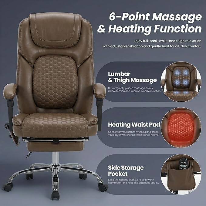 MALOL Massage Office Chair Set of 2 with Heat and Footrest - 3-Level 65°C Targeted Heating, 20-Min Assembly Leather Desk Chair, Big and Tall Executive Computer Chair with Side Pocket, 300 lbs, Brown