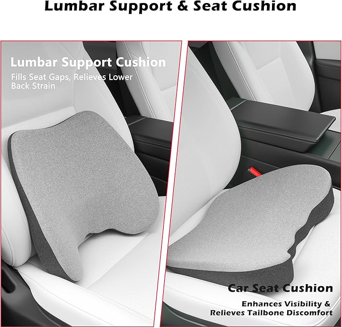 Car Seat Cushion, 2 in 1 Car Seat Cushion or Lumbar Support, Ergonomic Memory Foam Seat Cushions for Car Truck Sedan Home Office, Grey