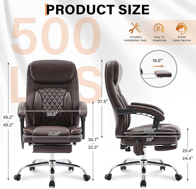 500LBS Massage Office Chair, 6 Points Vibration & Heat Executive Office Chairs, 135°Reclining Comfy Desk Chair with Foot Rest, Wider & Thicker Seat Cushion, PU Leather Big and Tall Gaming Chair, Brown