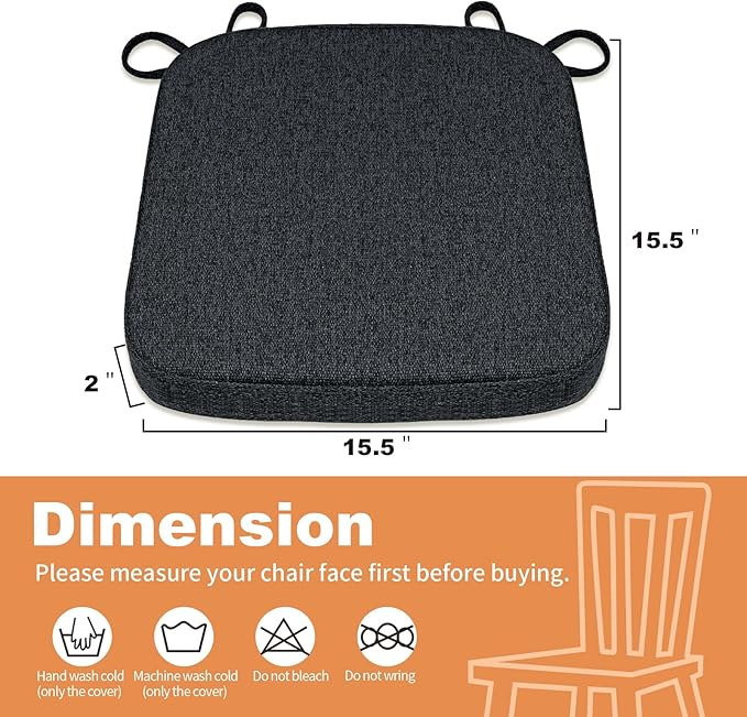 SINOSSO Memory Foam Chair Cushion for Folding Chair 1 Pcs, Thickened 2" Square Kitchen Chair Pad with Ties, Indoor Non-Slip Dining Chair Seat Cushion (1 Piece, Black)