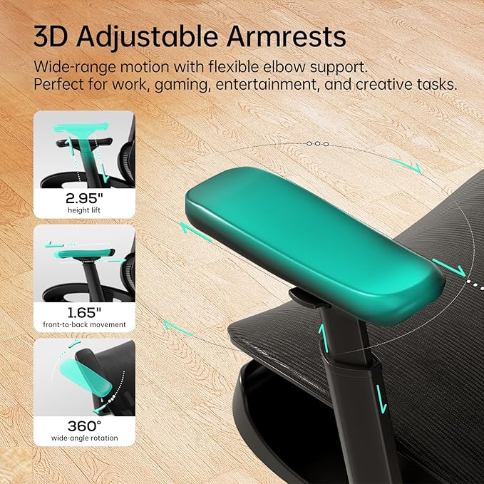 Hbada P2 Ergonomic Office Chair, Office Chair with 3D Lumbar Support, Mesh Chairs with 3D 360° Rotation Arm & 3D Headrest, 135° Stepless Tilt Function, Black(with Footrest)