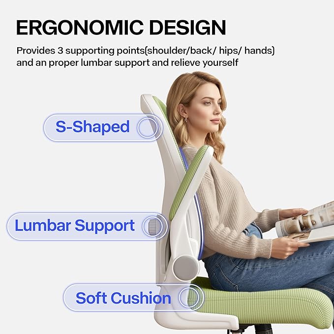 Office Chair, Ergonomic Desk Chair with Adjustable Lumbar Support Flip-up Arms,Comfortable Swivel Mesh Back Computer Chair Executive Task Chair for Home Office Use (Green)