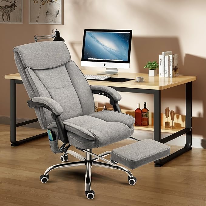 TonghuaS Massage Office Chair with Foot Rest Vibration and Heating, 90-130° Reclining Desk Chair, Ergonomic Reclining Computer Gaming Fabric Chair(Grey)