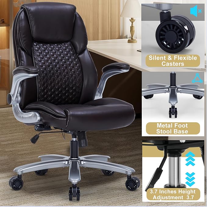 Big and Tall Office Chair, Ergonomic Desk Chair with Flip-up Arms, PU Leather Office Chair for Home Office, Computer Chair with Adjustable Lumbar Support, Space Saving Executive Task Chair