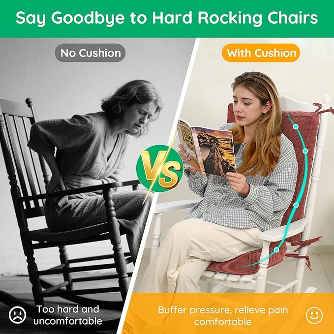 Rocking Chair Cushion - Non-Slip Thick Rocking Chair Pad Indoor with Ties High-Back Rocker Cushion Set for Porches Balconies Nurseries & Living Rooms