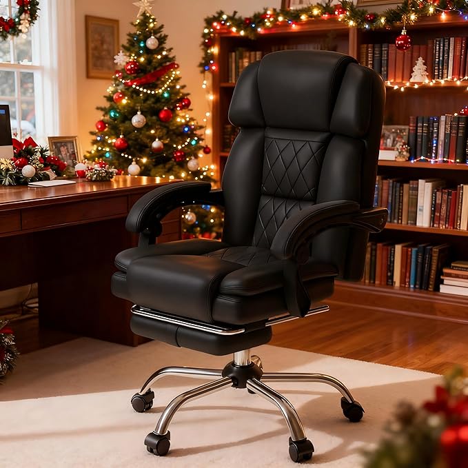 HOMREST 6-Point Massage Office Chair with Heat, Ergonomic Reclining Desk Chair with Footrest, PU Leather Executive Chairs for Home Office, Massaging Computer Chair Gift for Men, Black