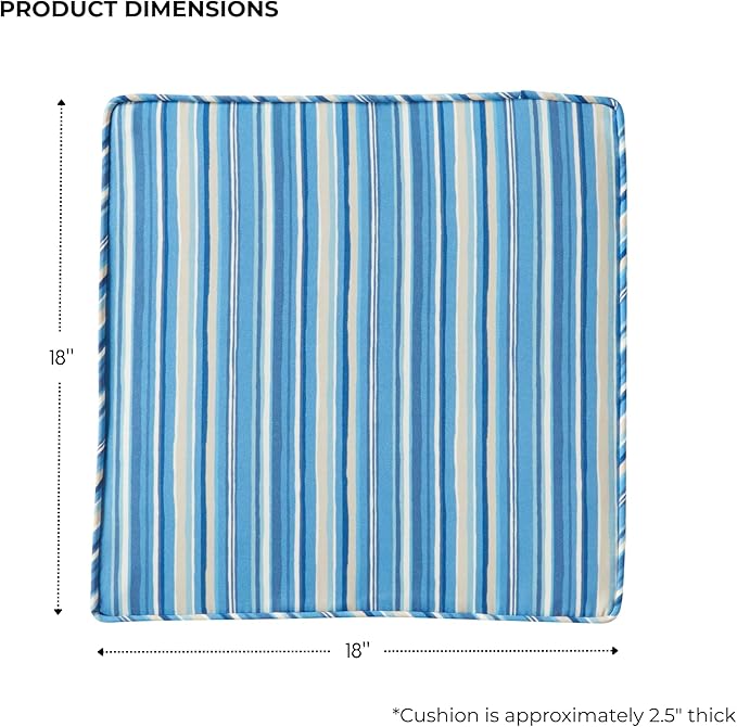 Outdoor 18 inch Square Patio Dining Chair Pads – Comfortable Fiber-Filled Seat Cushions with Ties, Reversible Polyester Fabric - Sapphire Stripe, Set of 4