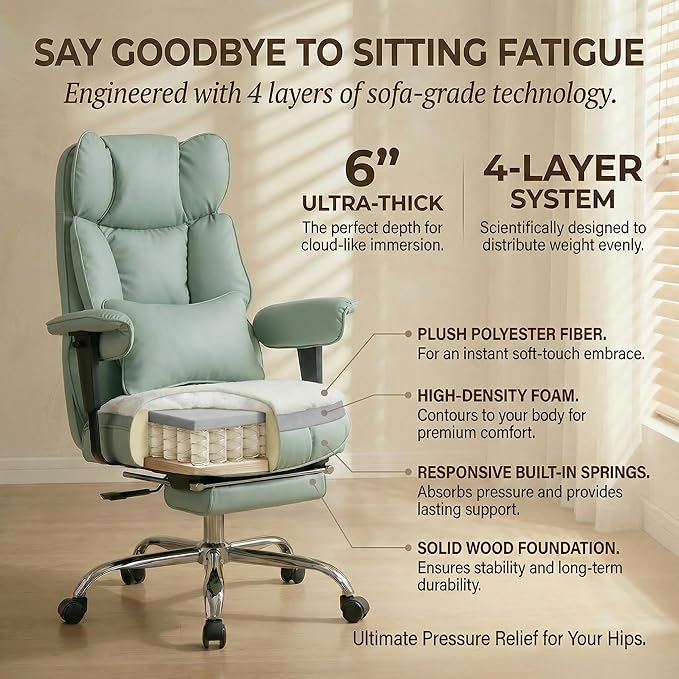 Efomao Big and Tall Office Chair 400lbs - Heavy Duty Reclining Desk Chair with Footrest, Spacious High Back PU Leather Executive Chair, Double-Layer Spring Support, Green