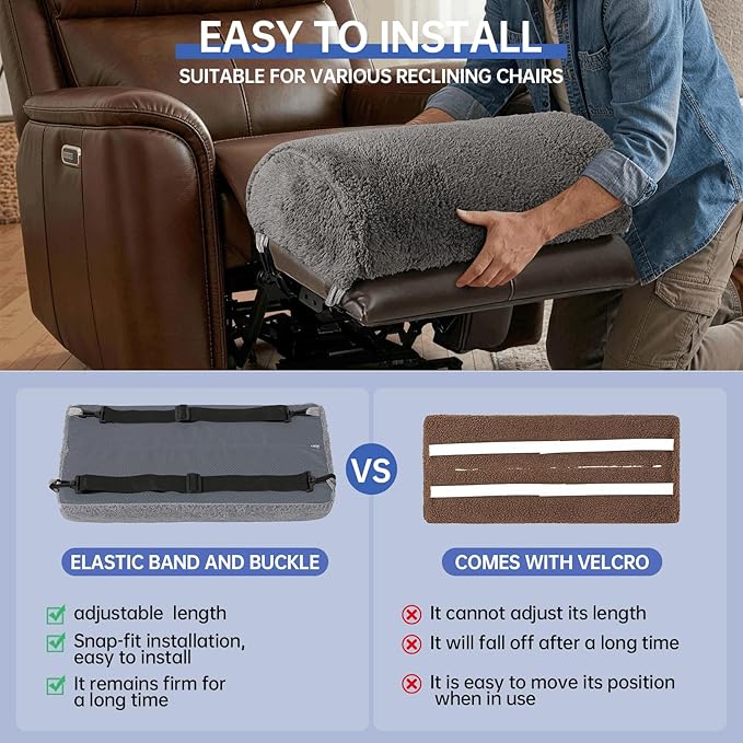 Recliner Foot Pillow with Strap–Memory Foam Foot Pillow for Couch Chairs, Non-Slip Recliner Foot Rest Cushion with Washable Sherpa Cover for Leg (Grey, Large)