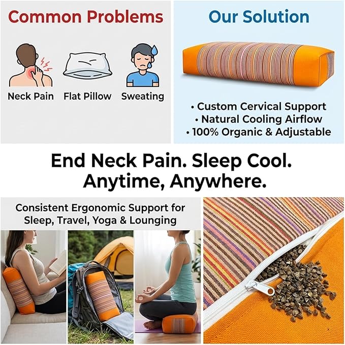 Adjustable Buckwheat Hull Pillow for Neck Pain Relief (21x8x4in) Natural Cooling Cervical Support Bed Pillow for Side & Back Sleepers with Night Sweats (Orange)