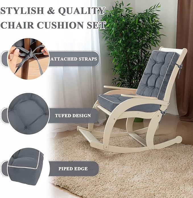 Topotdor Rocking Chair Cushions Indoor, Tufted Rocking Chair Seat Cushion for Patio Furniture, Water Resistant Rocking Chair Pads with Ties for Nursery Balcony Chair, Gray