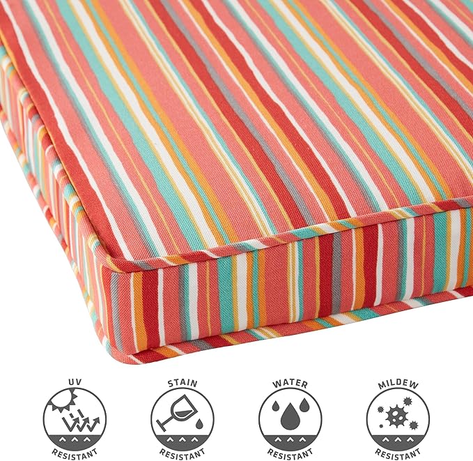 Outdoor 18 inch Square Patio Dining Chair Pads – Comfortable Fiber-Filled Seat Cushions with Ties, Reversible Polyester Fabric - Watermelon Stripe, Set of 4