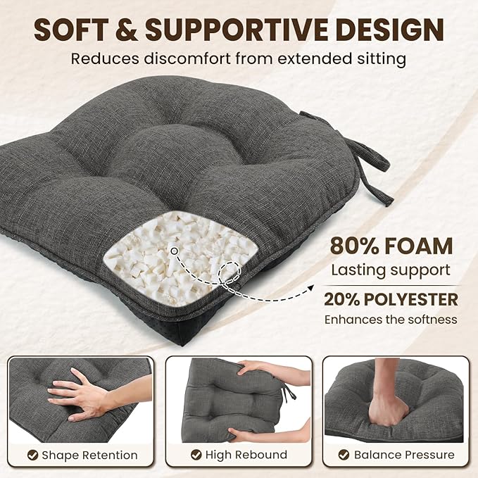 downluxe Indoor Chair Cushions for Dining Chairs, Tufted Overstuffed Textured Foam Kitchen Chair Pads with Ties and Non-Slip Backing, 15.5" x 15.5" x 4", Dark Grey, 4 Pack