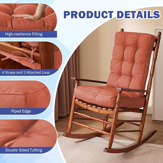 IPYNBAP Rocking Chair Cushion, Waterproof and Fade-Resistant Patio Chair Cushions, Tufted Chair Pads for Rocker Furniture, 17x17 Inch, Indoor/Outdoor Seat Cushions with Ties, Spice (Pack of 2)