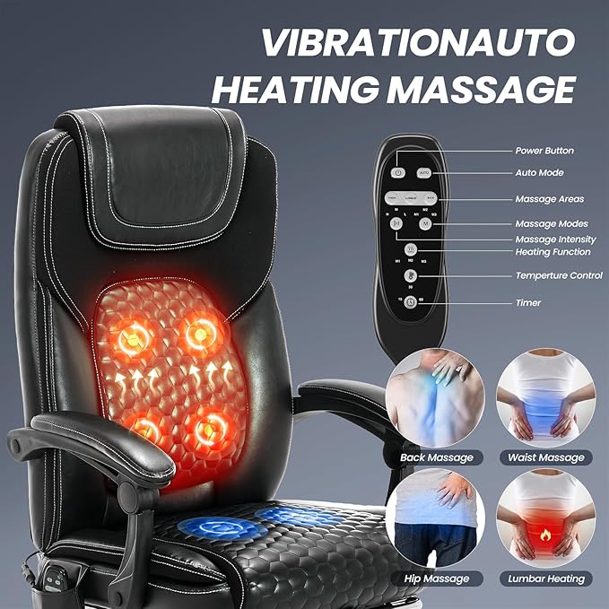 MALOL Massage Office Chair with 3-Level Heat and Footrest – 20-Min Easy Assembly, 300 lbs Big and Tall Reclining Desk Chair, PU Leather Ergonomic Executive Computer Chair with Side Pocket, Black