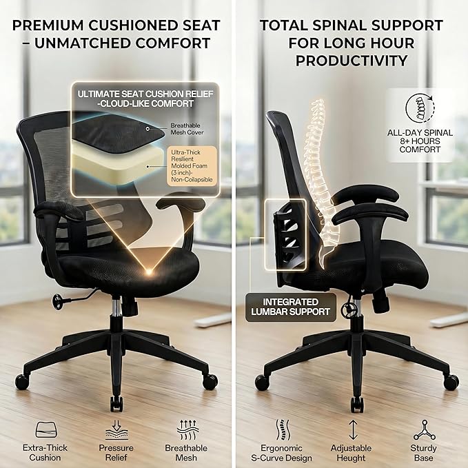 HAMESS Ergonomic Office Chair for Home Office with Mesh Back, Swivel Rolling Computer Desk Chair, Padded Arms with Built-in Lumbar Support, Thick Seat Cushion, High-Density Foam, Breathable Material
