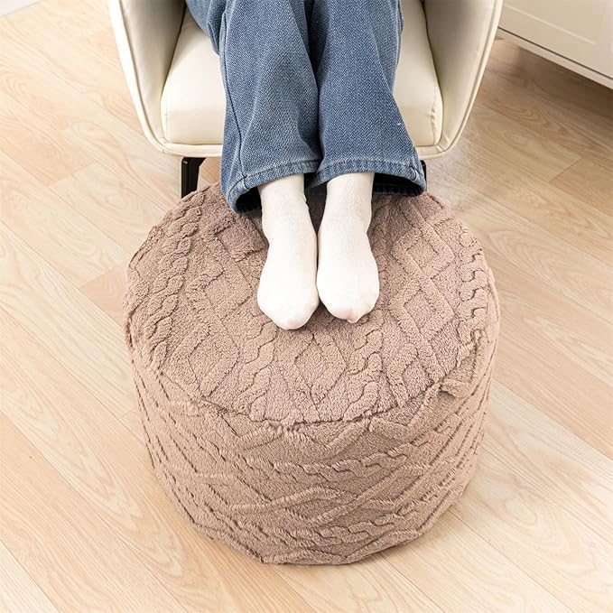 Poofieotto Round Ottoman Stuffed 20x12 Inches Floor Pouf Chair for Living Room Bedroom Modern Foam Pouf Ottoman Foot Rest for Couch Home Décor Pouffe (Light Coffee Pouf with Filler)