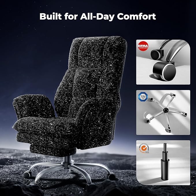 HOMRELEXA Big and Tall Office Chair, Flip Armrests for Pets & Cross Legged Sitting, Executive Ergonomic Computer Gaming Chair with Foot Rest, Gliter Fabric Wide Seat Reclining Desk Chair