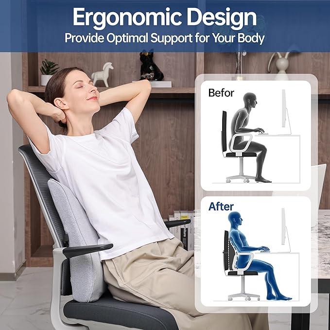Lumbar Support Pillow for Office Chair Car Seat Gaming Chair, Memory Foam Back Support Pillow, Lumbar Cushion Back Cushion for Lower Back Pain Relief, Adjustable Strap Washable Cover-Light Grey