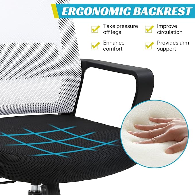 Ergonomic Office Chair, Breathable Mesh Desk Chair, Swivel Computer Chair with Wheels & Adjustable Height & Comfort Seat for Home Office, Gaming Room, White