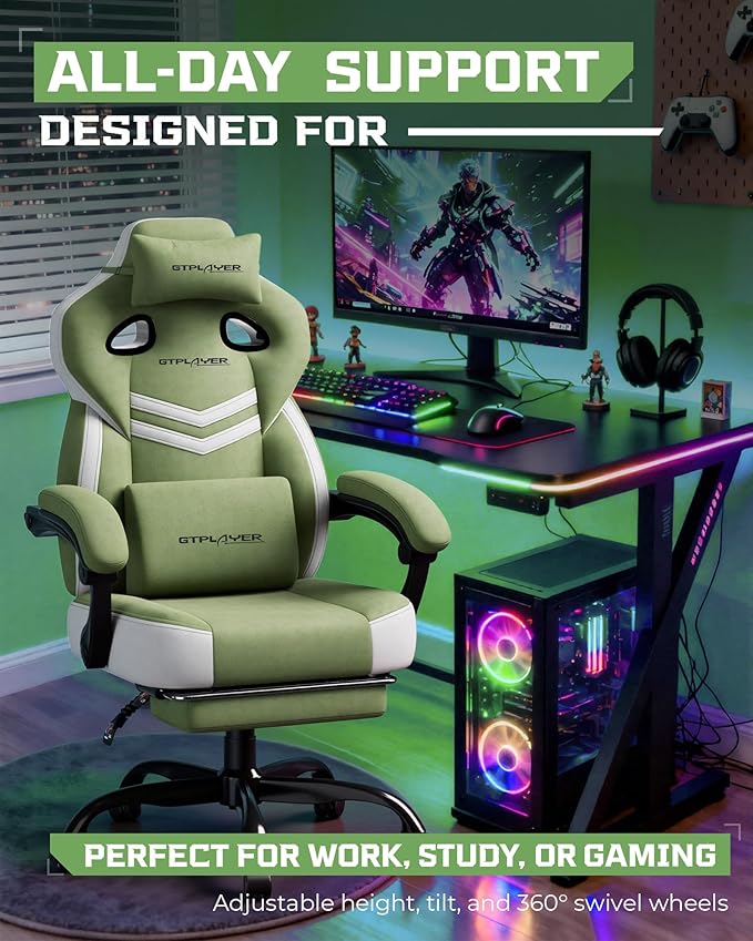 GTPLAYER Gaming Chairs for Adult - Ergonomic Big & Tall Gaming Seat with Footrest & Lumbar Support, Comfortable Office Chair 90-155° Reclining - Heavy Duty Wide Computer Seat, Sage Green