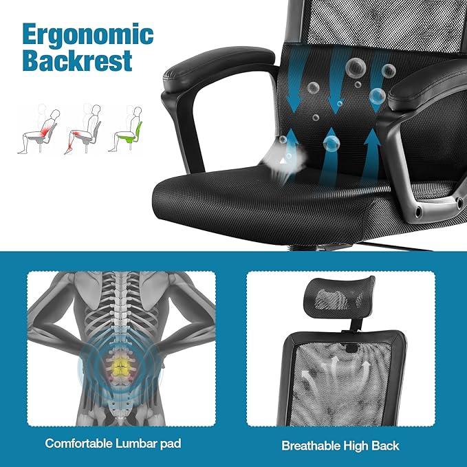 OLIXIS Ergonomic High Back Office Chair – Breathable Mesh with Adjustable Headrest and Lumbar Support, Executive Padded Armrest, Height Computer Task Swivel Rolling, Black (WY56597BK)