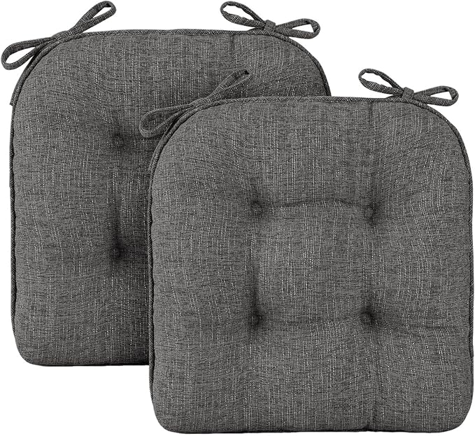Wellsin Chair Cushions for Dining Chairs, Non-Slip Kitchen Chair Pads with Ties, Tufted Shredded Foam Kitchen Chair Cushions Set of 2, 15.5" X 15.5", Dark Grey