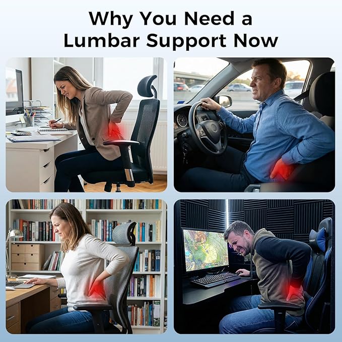 Lumbar Support Pillow for Car & Office Chair - High-Density Memory Foam Back Cushion for Sciatica & Lower Back Pain Relief - Non-Slip Support for Long Commutes & Desk Workers (Black)