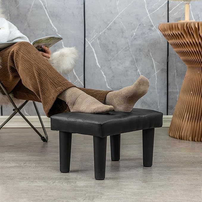 CAROLMADE Ottoman Foot Rest, PVC Small Ottoman Foot Stool with Legs Modern Footstool Ottomans for Living Room Entryway Office, Black