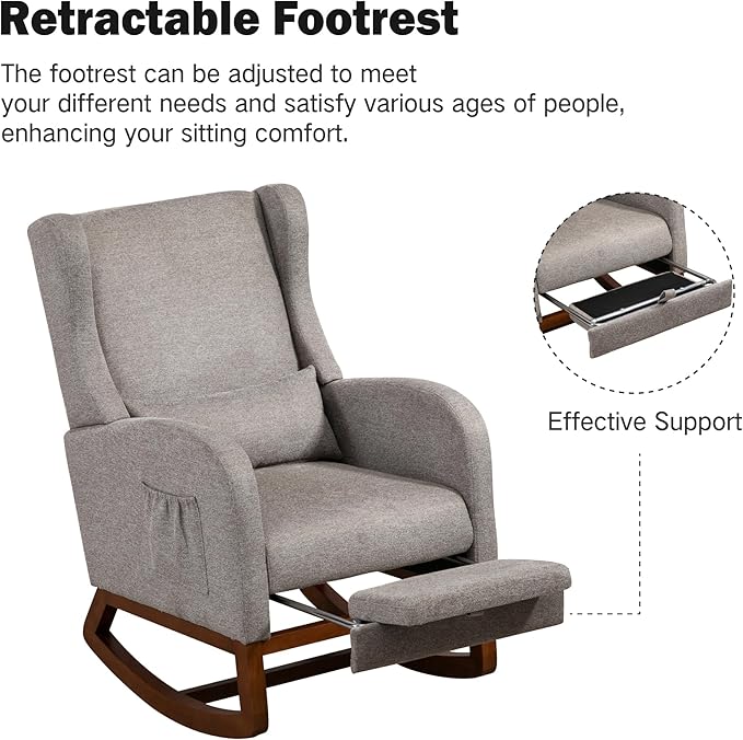 Chifee & Vingol Rocking Chair Nursery with Foot Rest & Pillow,Polyester,Light Grey