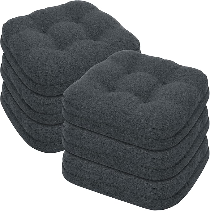baibu Set of 6 Dining Chair Cushions, Dual-Layer Patent Design Memory Foam Kitchen Chair Cushions, Non-Slip Seat Pads with Ties, 16.5 x 16.5 x 3.5in, 6 Pack, Charcoal Grey