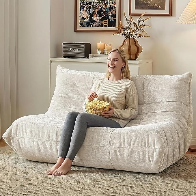 HABUTWAY Bean Bag Chair, Giant Bean Bag Chairs for Adults, Loveseat Fireside Chair, 2 Seater Lazy Bean Bag Sofa Memory Foam Couch for Living Room, Bedroom, Office (Beige)