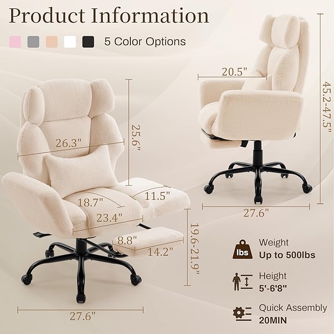 Office Chair with Flip Armrests,Big and Tall Office Chair with Foot Rest,Extra Wide Seat & Lumbar Pillow,Ergonomic Computer Gaming Chair,Comfy Criss Cross Chair for Pets Sitting,Teddy Fleece,Beige