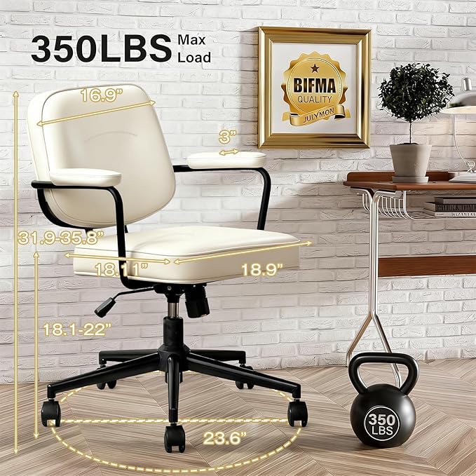 Office Desk Chair, Ergonomic Desk Chair with Padded Cushion & Backrest, Adjustable Height & 360° Swivel, Armrest Task Chair for Home Office, Computer Desk & Vanity, Beige