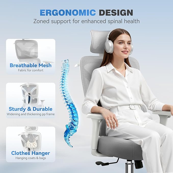 Ergonomic Office Desk Chair, High Back Mesh Office Chair with Adjustable Lumbar Support, 3D Headrest, Big and Tall Home Computer Desk Chairs Comfy for Work, Gaming, 300lbs, (Gray, 6 Pack)