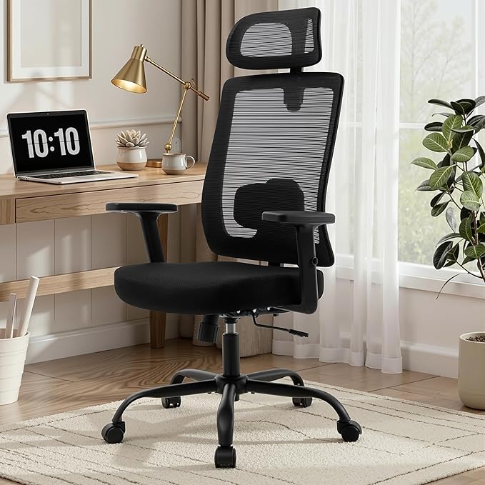 Ergonomic Office Chair Mesh Back, Office Desk Chair with Adjustable Lumbar Support, Rolling Work Chairs with Wheels and 3D Headrest, Set of 4, Black