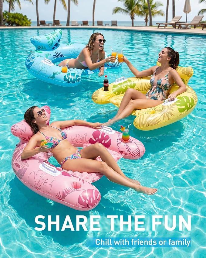 HLDIRECT Inflatable Pool Floats Adult, Floating Pool Chair with Cup Holders for Swimming Pool, Water Chair Pool Lounger with Handles & Ergonomic Headrest for Party Summer Water Fun