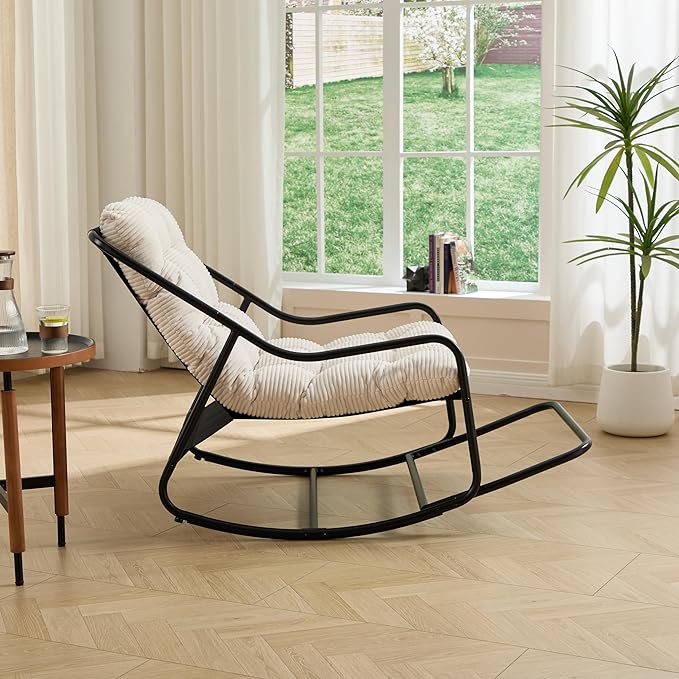 Rocking Chair with Foot Rest, Outdoor Indoor Rocking Lounge Chair with Cushion, Comfortable Patio Rocker Chairs for Patio, Porch, Garden, Living Room, Reading, Metal Frame, White